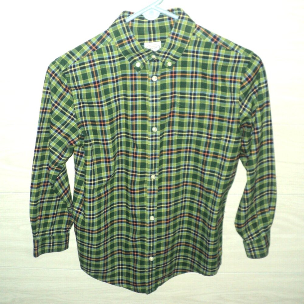 Talbots Kids Boy's Dress Shirt Size 12 Green, Orange Plaid Long Sleeves